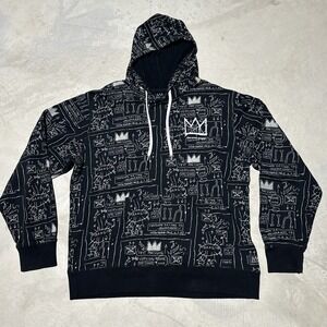 Basquiat Hoodie Men's SZ M Black Abstract Hooded Pockets Jean-Michel Art AOP